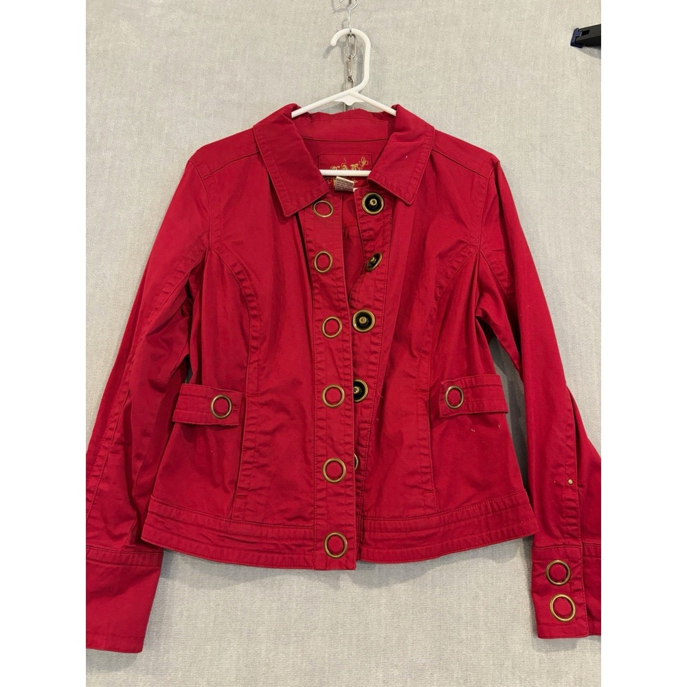 Live a Little Women's Red Button Front Collared Jacket Pockets Short Size M